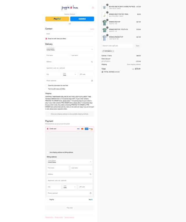 Puppie Love checkout page showing Puppie Love discount code box | Screenshot taken by SimplyCodes community member on Aug 29, 2025