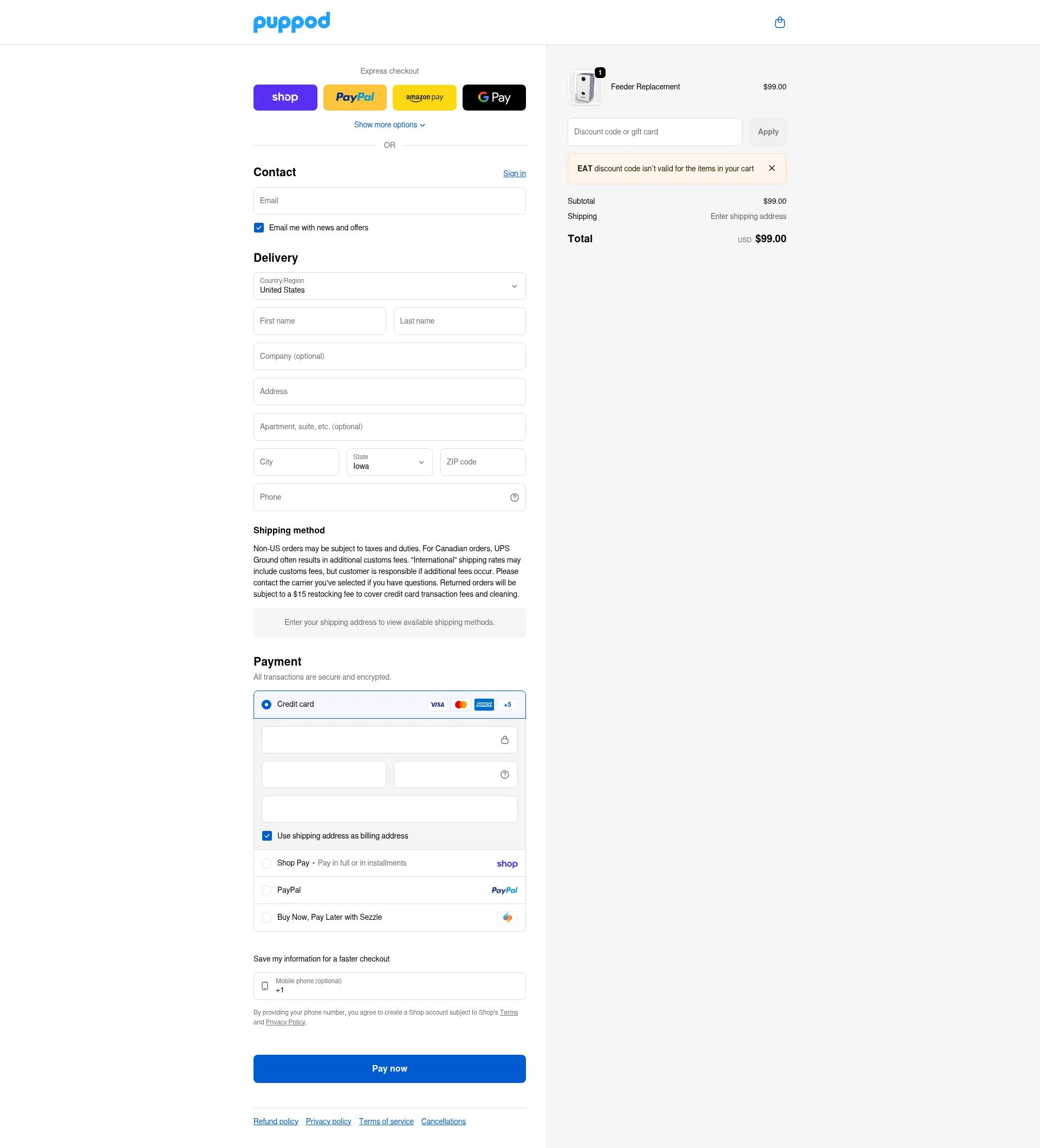 PupPod checkout page showing PupPod discount code box | Screenshot taken by SimplyCodes community member on Feb 24, 2026