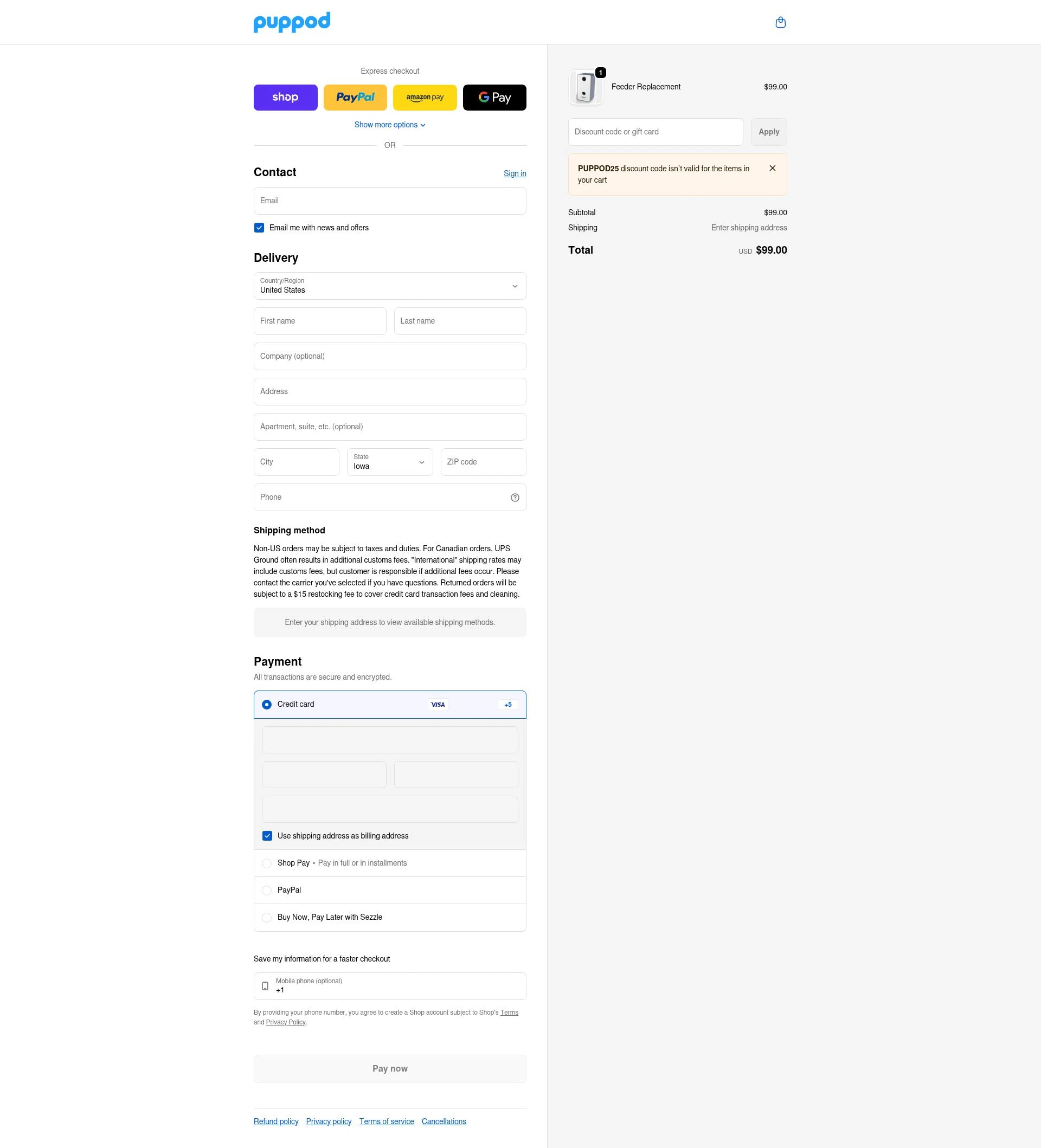 PupPod checkout page showing PupPod discount code box | Screenshot taken by SimplyCodes community member on Feb 24, 2026