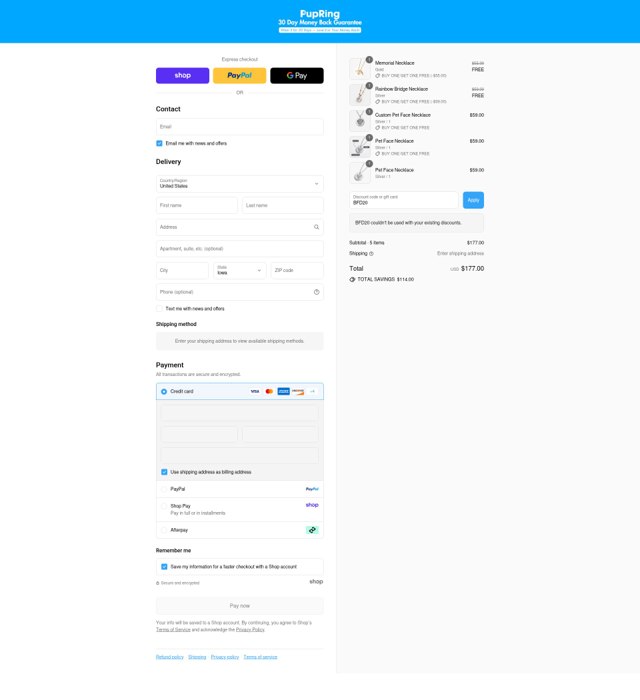 Pup Ring checkout page showing Pup Ring promo code box | Screenshot taken by SimplyCodes community member on Sep 4, 2025