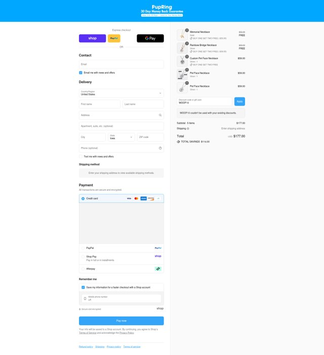 Pup Ring checkout page showing Pup Ring promo code box | Screenshot taken by SimplyCodes community member on Aug 31, 2025