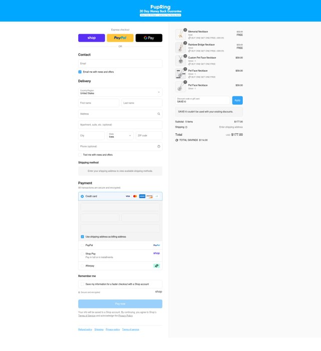Pup Ring checkout page showing Pup Ring promo code box | Screenshot taken by SimplyCodes community member on Sep 4, 2025