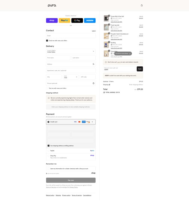 Pura checkout page showing Pura discount code box | Screenshot taken by SimplyCodes community member on Sep 4, 2025
