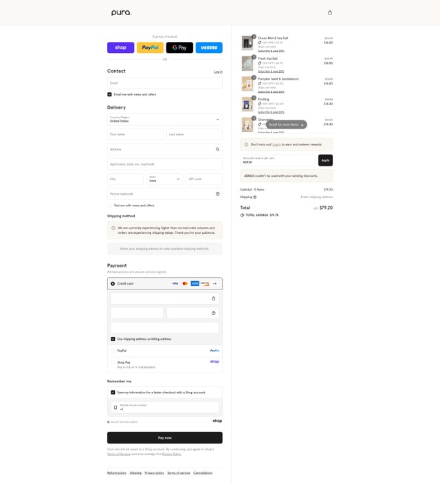 Pura checkout page showing Pura discount code box | Screenshot taken by SimplyCodes community member on Sep 4, 2025