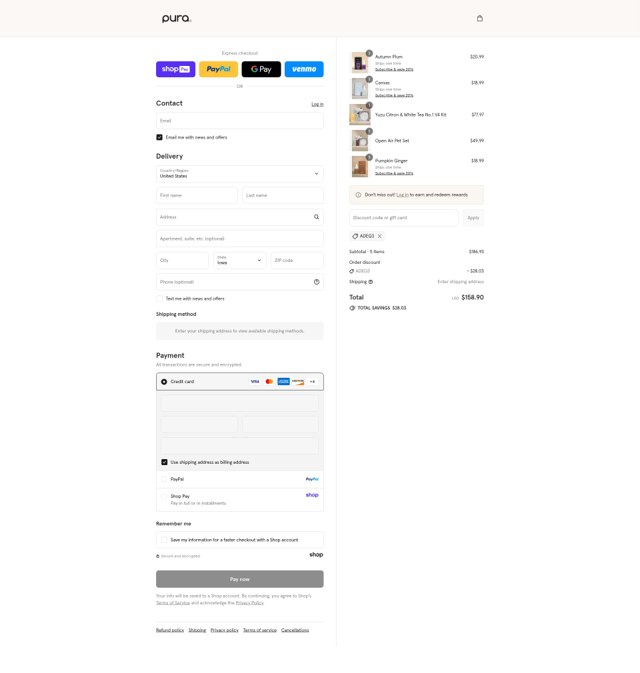Pura checkout page showing Pura discount code box | Screenshot taken by SimplyCodes community member on Aug 27, 2025