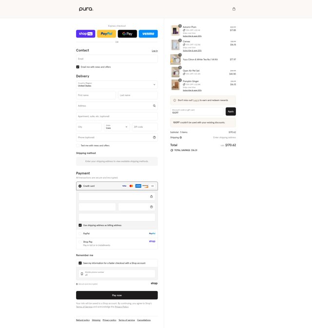 Pura checkout page showing Pura discount code box | Screenshot taken by SimplyCodes community member on Aug 27, 2025