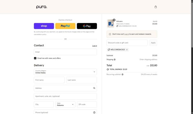 Pura checkout page showing Pura discount code box | Screenshot taken by SimplyCodes community member on Sep 3, 2025