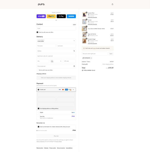 Pura checkout page showing Pura discount code box | Screenshot taken by SimplyCodes community member on Aug 27, 2025