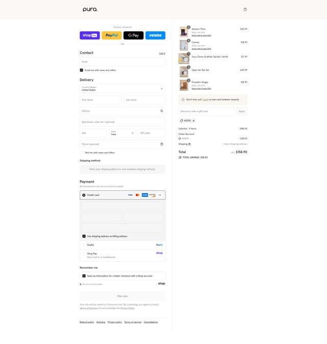 Pura checkout page showing Pura discount code box | Screenshot taken by SimplyCodes community member on Aug 27, 2025