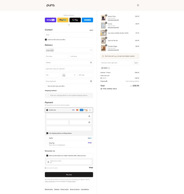 Pura checkout page showing Pura discount code box | Screenshot taken by SimplyCodes community member on Aug 27, 2025