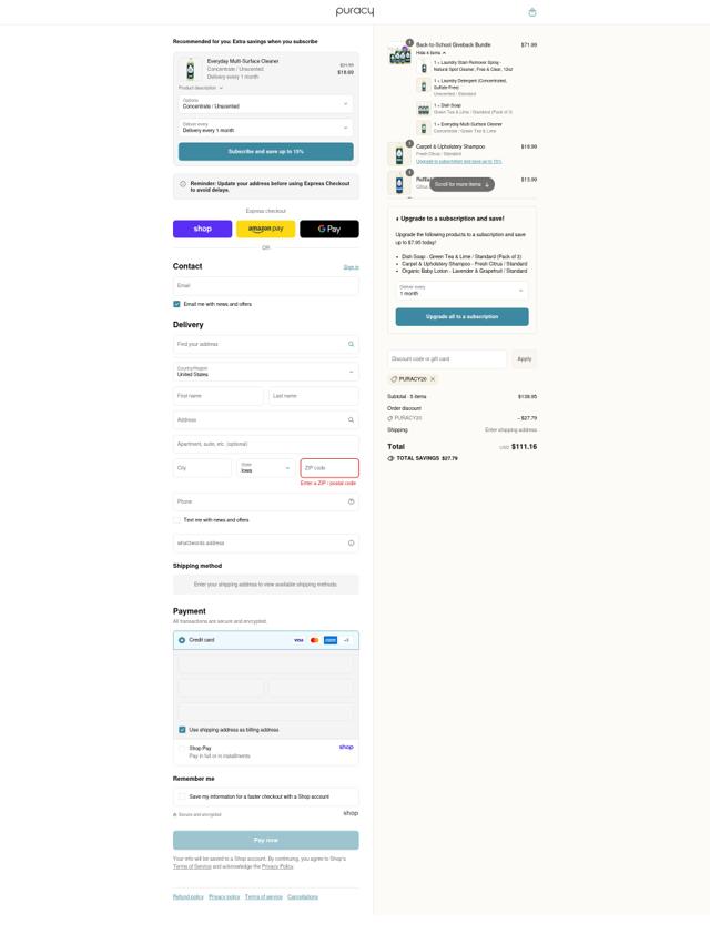 Puracy checkout page showing Puracy coupon code box | Screenshot taken by SimplyCodes community member on Sep 13, 2025