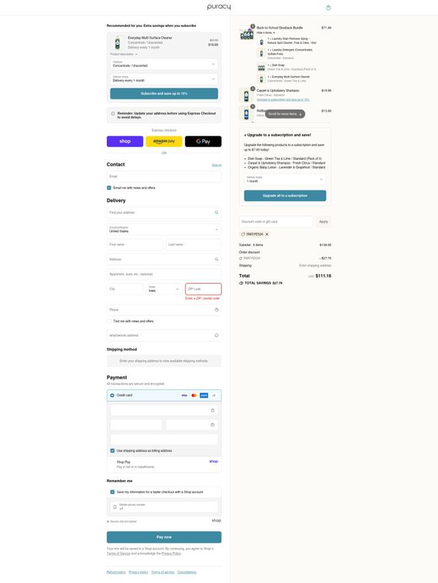 Puracy checkout page showing Puracy coupon code box | Screenshot taken by SimplyCodes community member on Sep 13, 2025