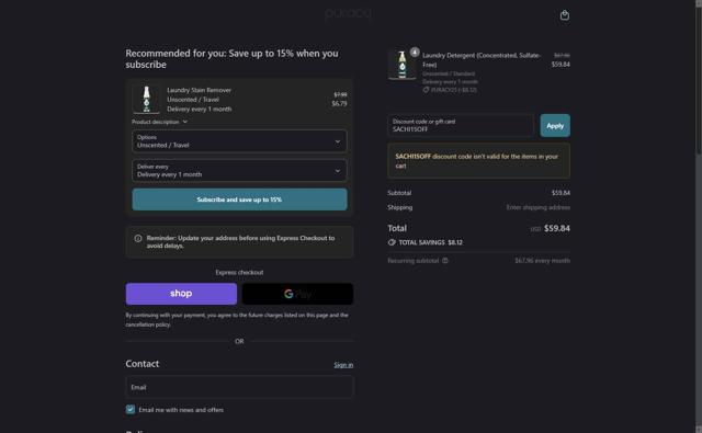 Puracy checkout page showing Puracy coupon code box | Screenshot taken by SimplyCodes community member on Sep 13, 2025