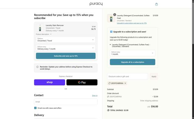 Puracy checkout page showing Puracy coupon code box | Screenshot taken by SimplyCodes community member on Sep 13, 2025
