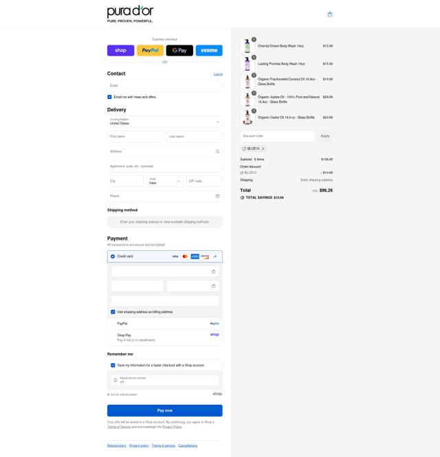 Pura d'or checkout page showing Pura d'or promo code box | Screenshot taken by SimplyCodes community member on Sep 8, 2025