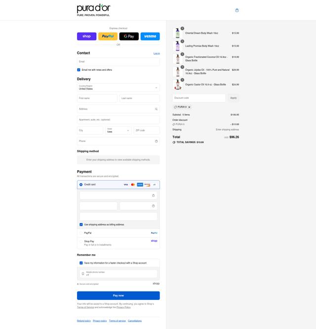 Pura d'or checkout page showing Pura d'or promo code box | Screenshot taken by SimplyCodes community member on Sep 4, 2025