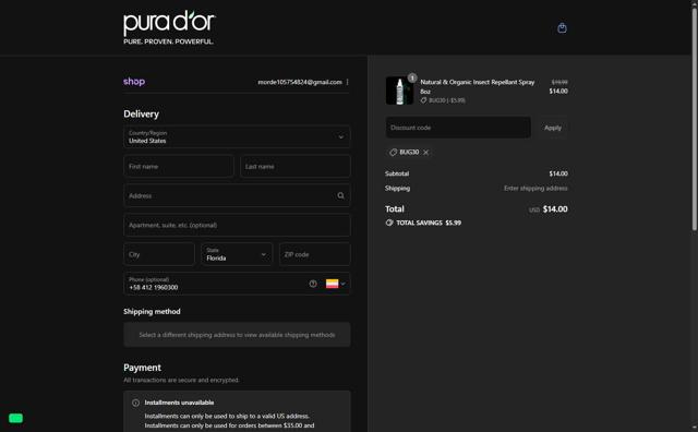Pura d'or checkout page showing Pura d'or promo code box | Screenshot taken by SimplyCodes community member on Aug 31, 2025