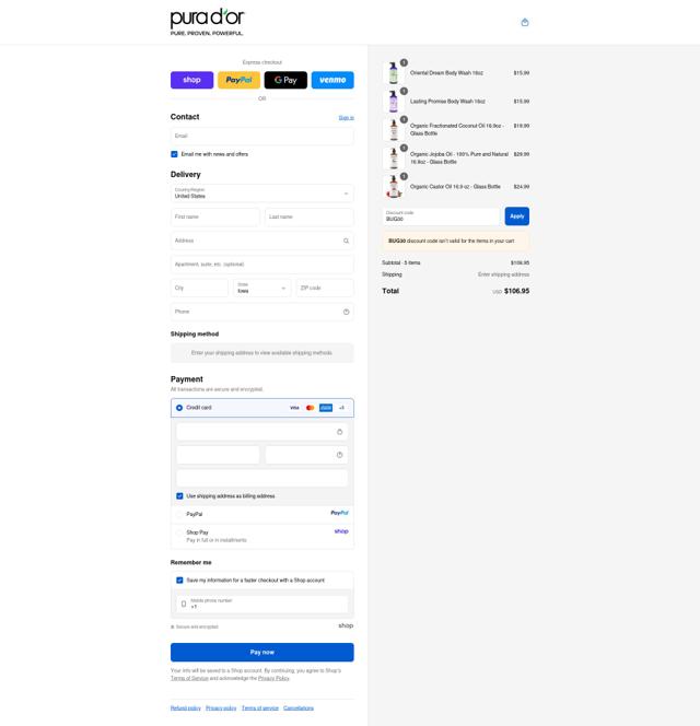 Pura d'or checkout page showing Pura d'or promo code box | Screenshot taken by SimplyCodes community member on Sep 12, 2025