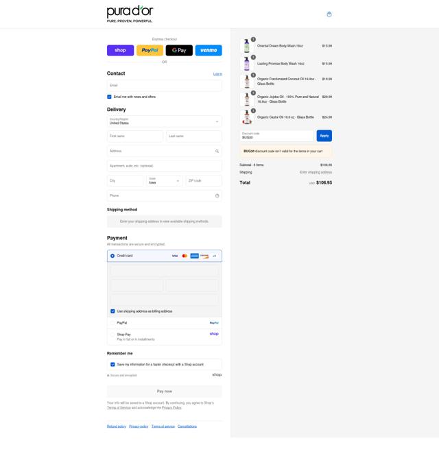 Pura d'or checkout page showing Pura d'or promo code box | Screenshot taken by SimplyCodes community member on Sep 4, 2025
