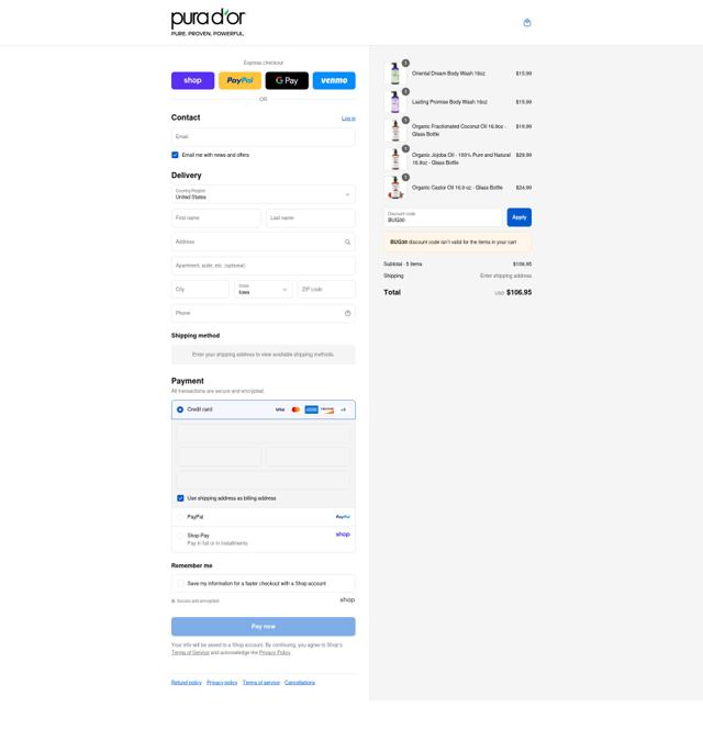 Pura d'or checkout page showing Pura d'or promo code box | Screenshot taken by SimplyCodes community member on Sep 8, 2025