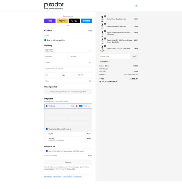 Pura d'or checkout page showing Pura d'or promo code box | Screenshot taken by SimplyCodes community member on Sep 8, 2025