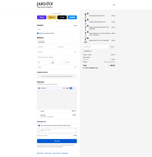 Pura d'or checkout page showing Pura d'or promo code box | Screenshot taken by SimplyCodes community member on Sep 12, 2025