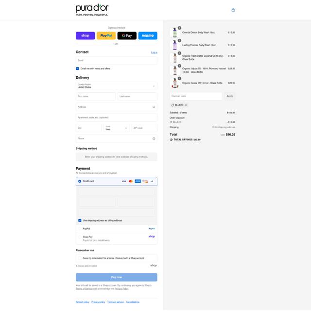 Pura d'or checkout page showing Pura d'or promo code box | Screenshot taken by SimplyCodes community member on Sep 4, 2025