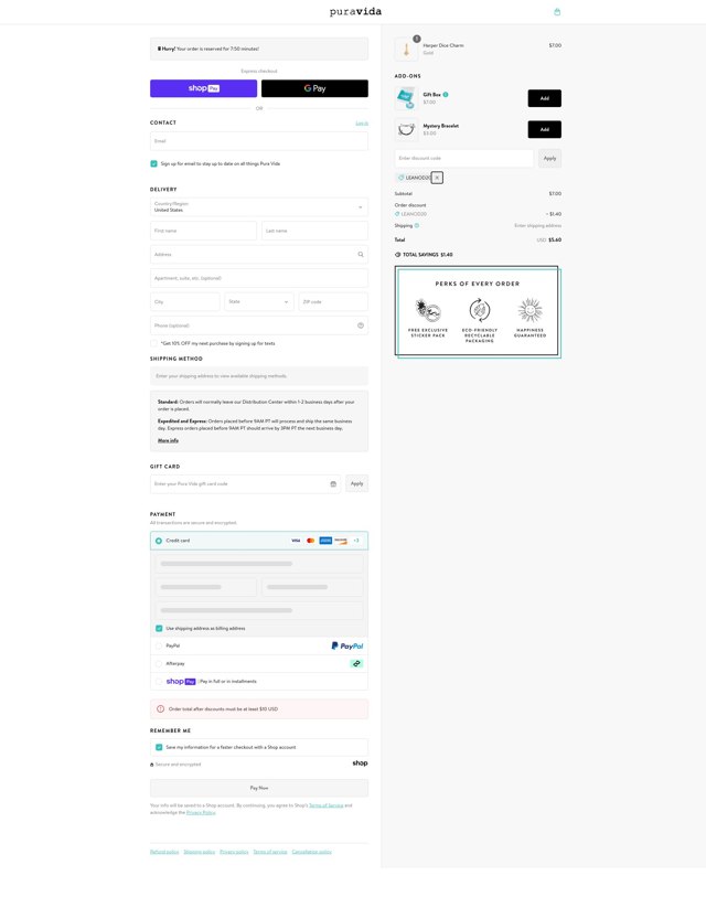 Pura Vida Bracelets checkout page showing Pura Vida Bracelets promo code box | Screenshot taken by SimplyCodes community member on Dec 30, 2024