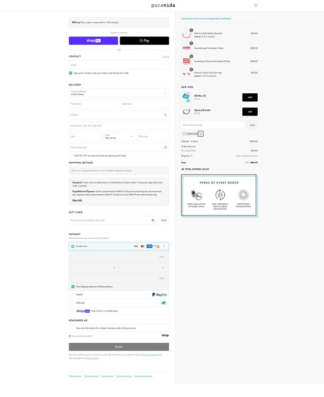 Pura Vida Bracelets checkout page showing Pura Vida Bracelets promo code box | Screenshot taken by SimplyCodes community member on Feb 16, 2025