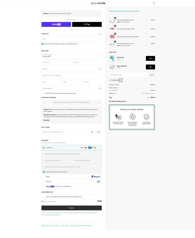 Pura Vida Bracelets checkout page showing Pura Vida Bracelets promo code box | Screenshot taken by SimplyCodes community member on Feb 21, 2025