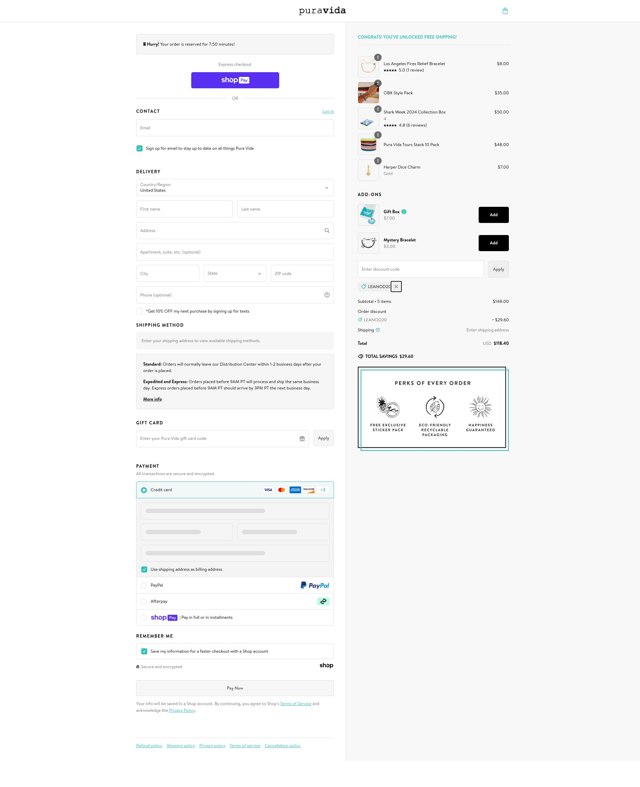 Pura Vida Bracelets checkout page showing Pura Vida Bracelets promo code box | Screenshot taken by SimplyCodes community member on Jan 23, 2025