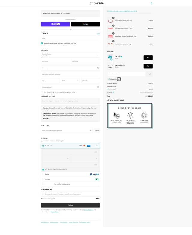 Pura Vida Bracelets checkout page showing Pura Vida Bracelets promo code box | Screenshot taken by SimplyCodes community member on Feb 12, 2025