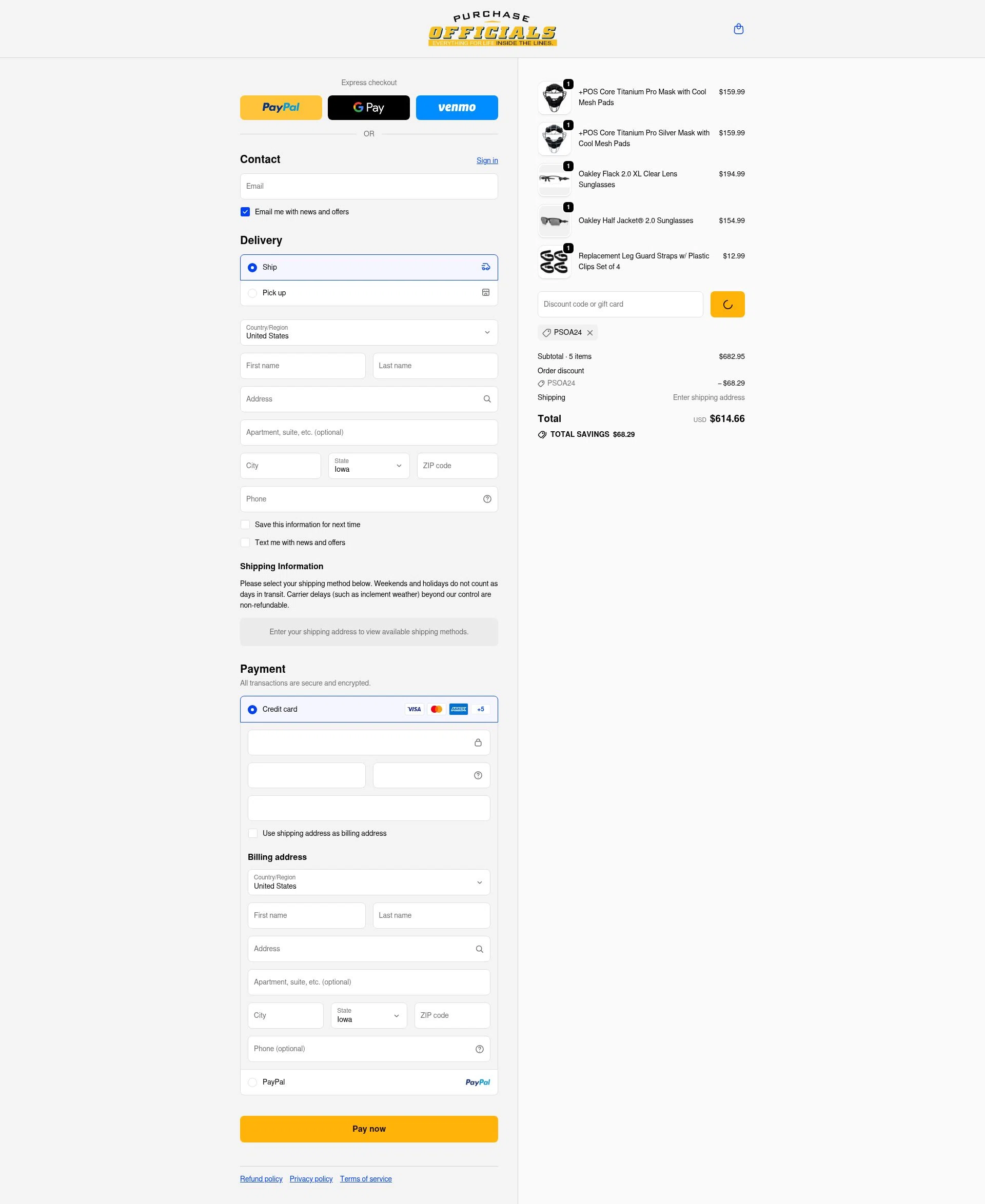 Purchase Officials Supplies checkout page showing Purchase Officials Supplies promo code box | Screenshot taken by SimplyCodes community member on Feb 8, 2026