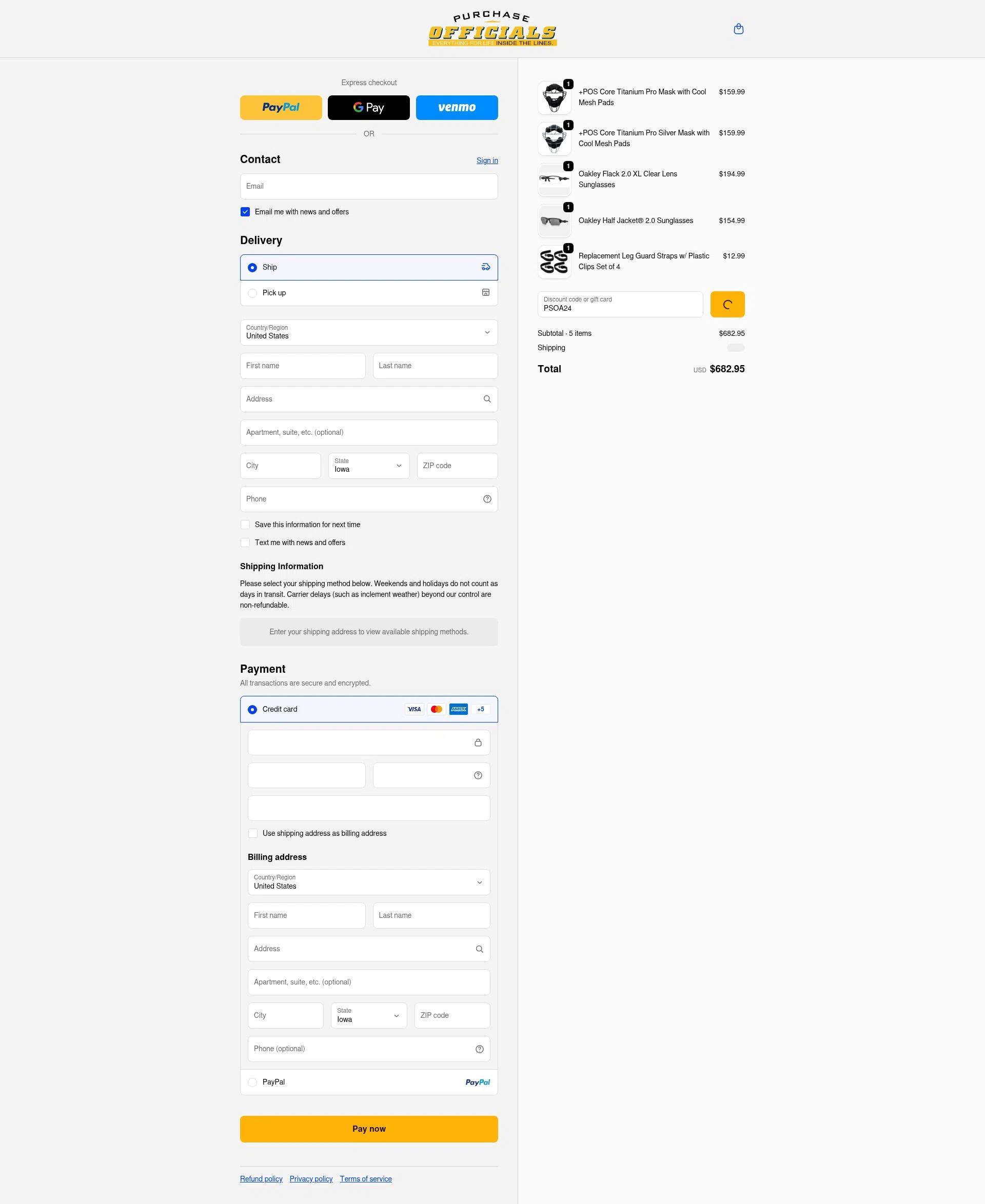 Purchase Officials Supplies checkout page showing Purchase Officials Supplies promo code box | Screenshot taken by SimplyCodes community member on Feb 13, 2026