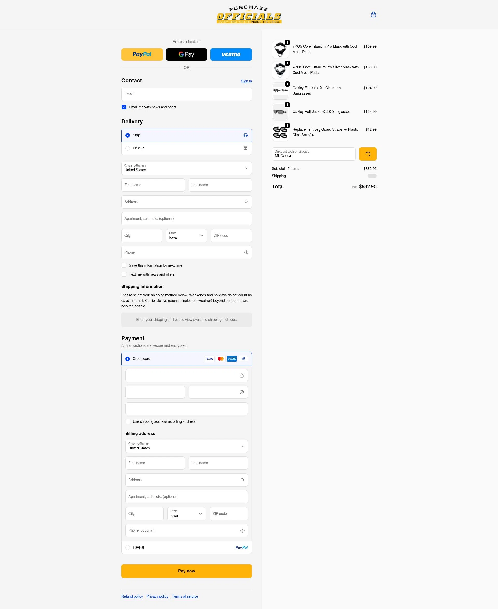 Purchase Officials Supplies checkout page showing Purchase Officials Supplies promo code box | Screenshot taken by SimplyCodes community member on Feb 13, 2026