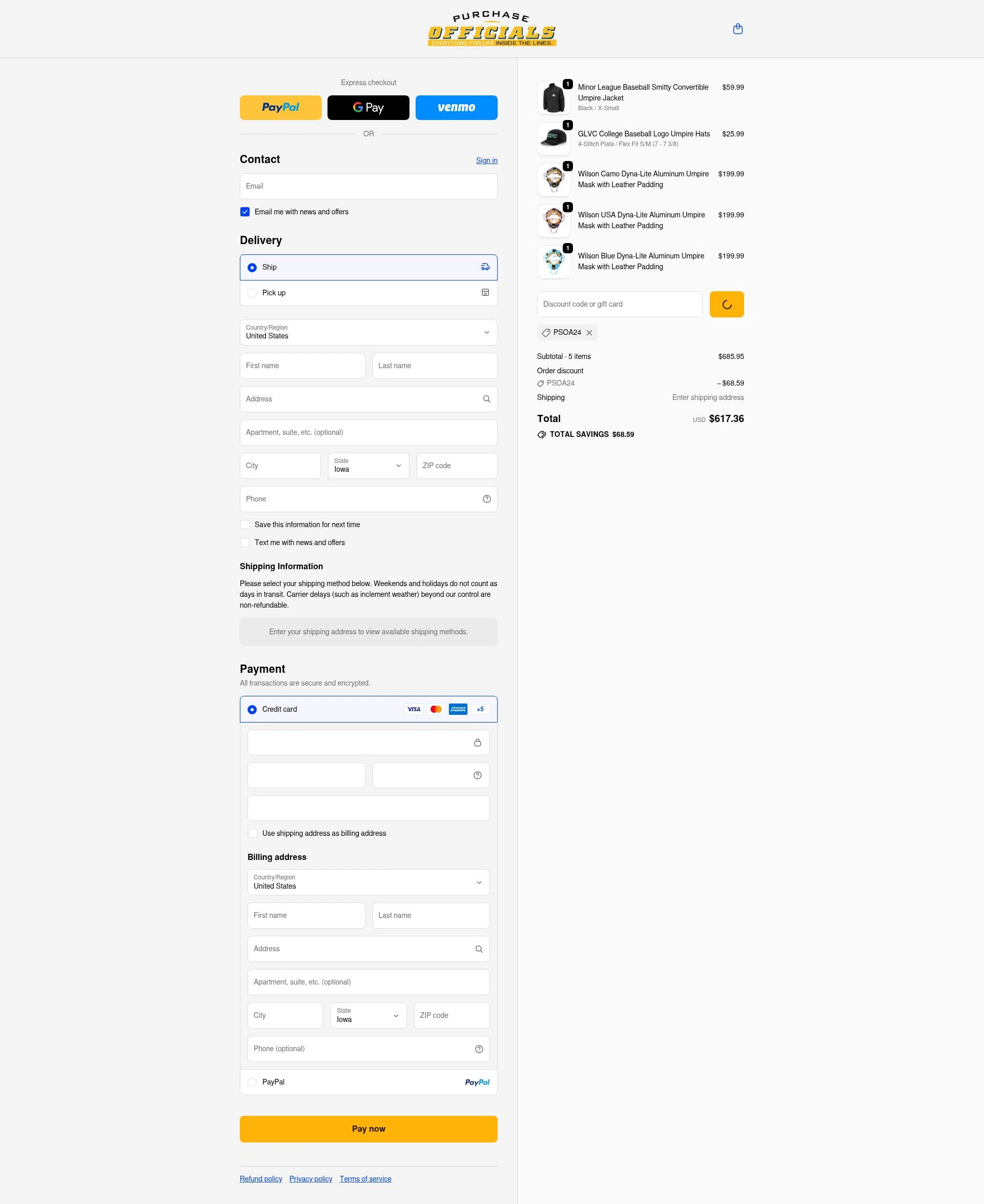 Purchase Officials Supplies checkout page showing Purchase Officials Supplies promo code box | Screenshot taken by SimplyCodes community member on Feb 17, 2026
