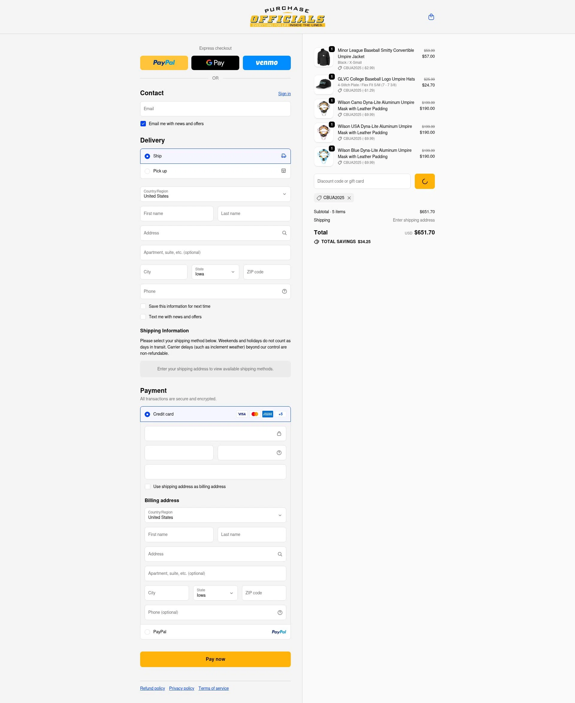 Purchase Officials Supplies checkout page showing Purchase Officials Supplies promo code box | Screenshot taken by SimplyCodes community member on Feb 17, 2026