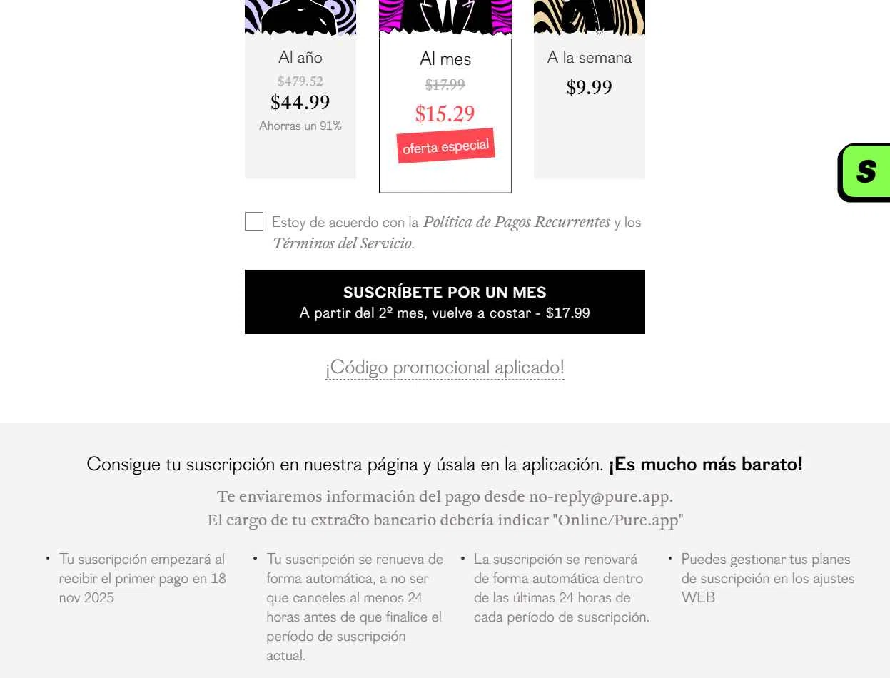 Pure App checkout page showing Pure App promo code box | Screenshot taken by SimplyCodes community member on Nov 18, 2025