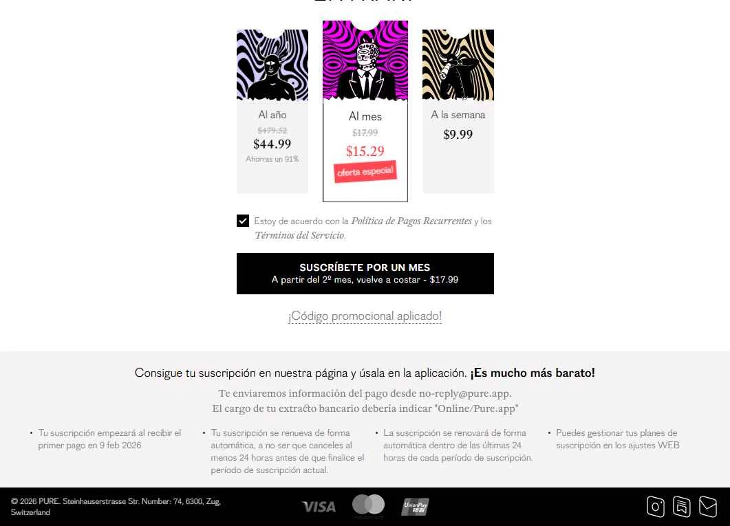 Pure App checkout page showing Pure App promo code box | Screenshot taken by SimplyCodes community member on Feb 9, 2026
