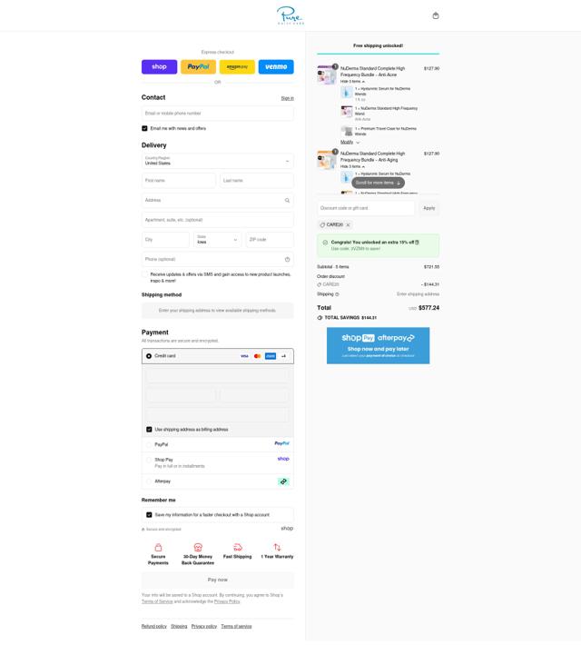 Pure Daily Care checkout page showing Pure Daily Care promo code box | Screenshot taken by SimplyCodes community member on Sep 13, 2025