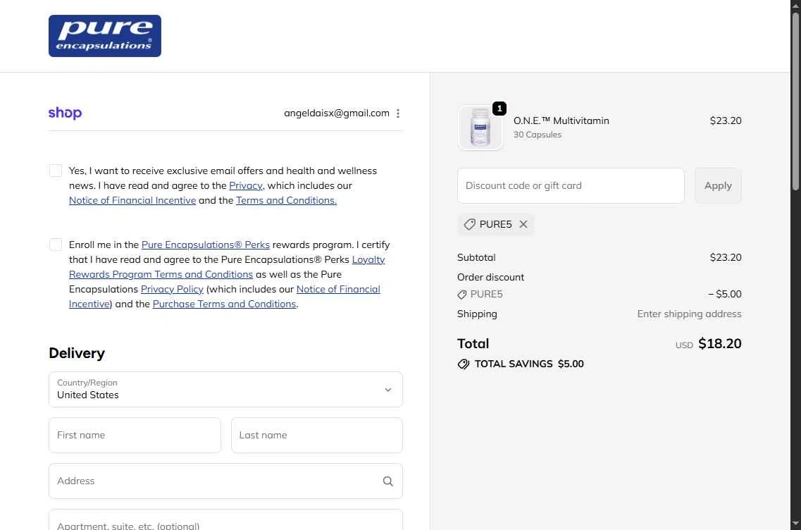 Pure Encapsulation checkout page showing Pure Encapsulation promo code box | Screenshot taken by SimplyCodes community member on Oct 3, 2025