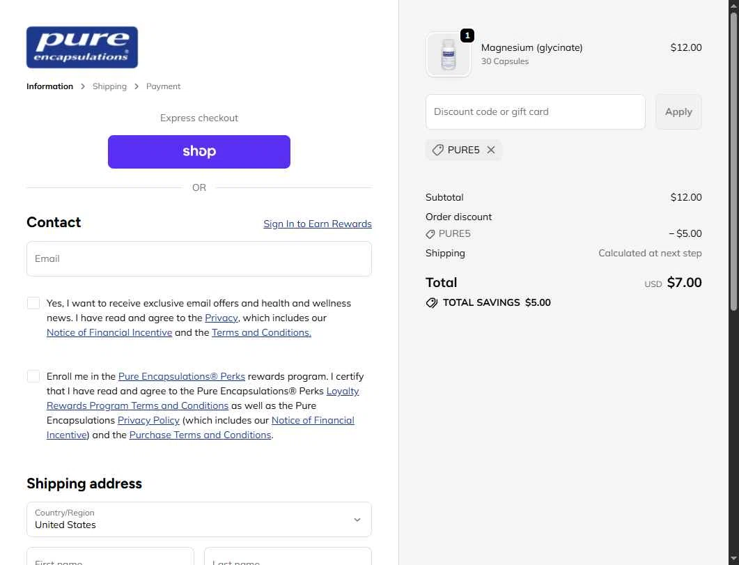 Pure Encapsulation checkout page showing Pure Encapsulation promo code box | Screenshot taken by SimplyCodes community member on Nov 2, 2025