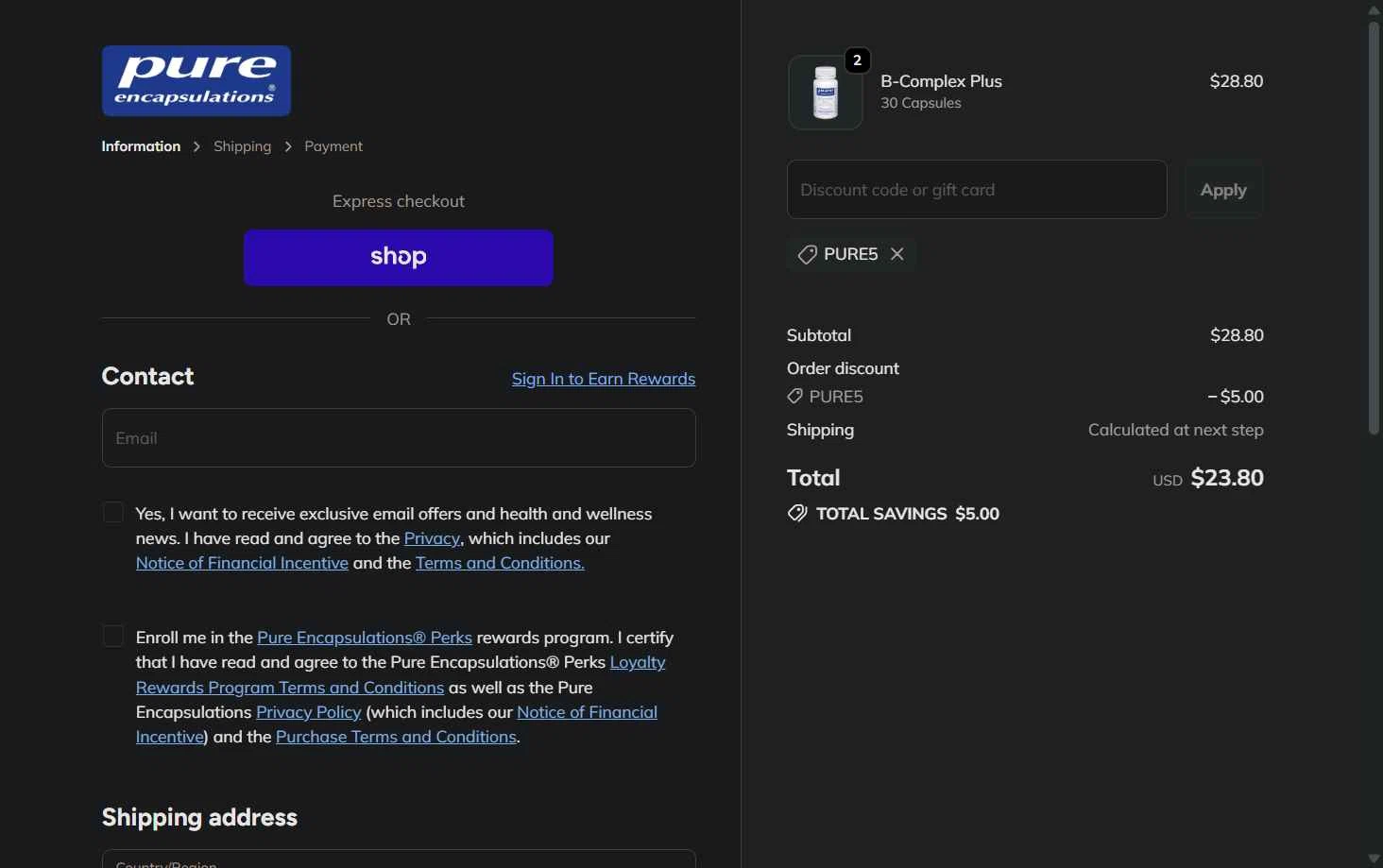 Pure Encapsulation checkout page showing Pure Encapsulation promo code box | Screenshot taken by SimplyCodes community member on Nov 30, 2025