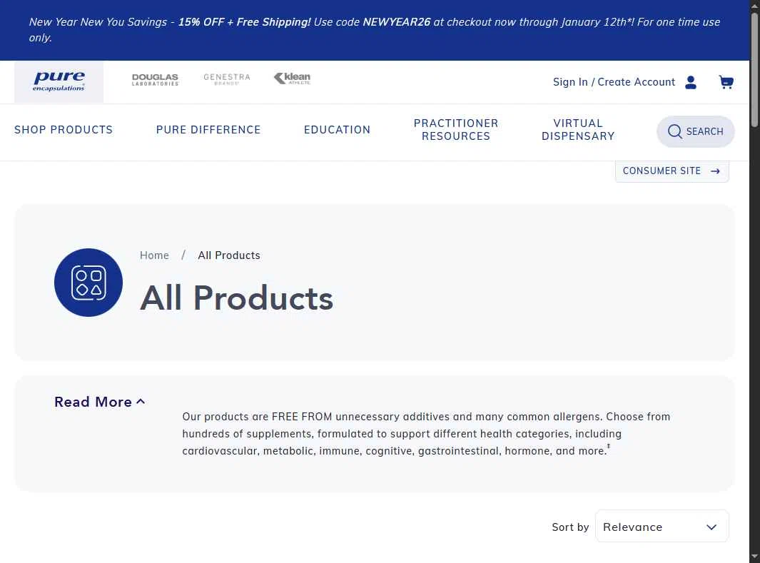 Pure Encapsulation checkout page showing Pure Encapsulation promo code box | Screenshot taken by SimplyCodes community member on Jan 1, 2026