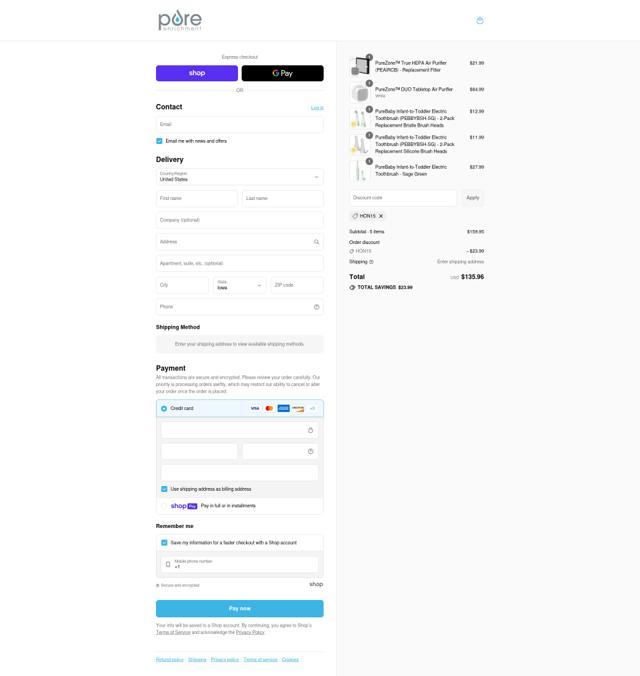 Pure Enrichment checkout page showing Pure Enrichment coupon code box | Screenshot taken by SimplyCodes community member on Aug 12, 2025