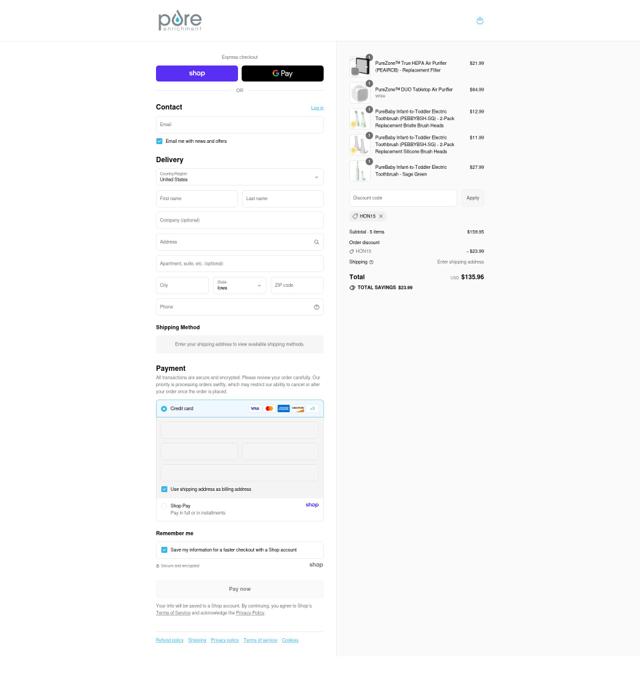 Pure Enrichment checkout page showing Pure Enrichment coupon code box | Screenshot taken by SimplyCodes community member on Sep 3, 2025