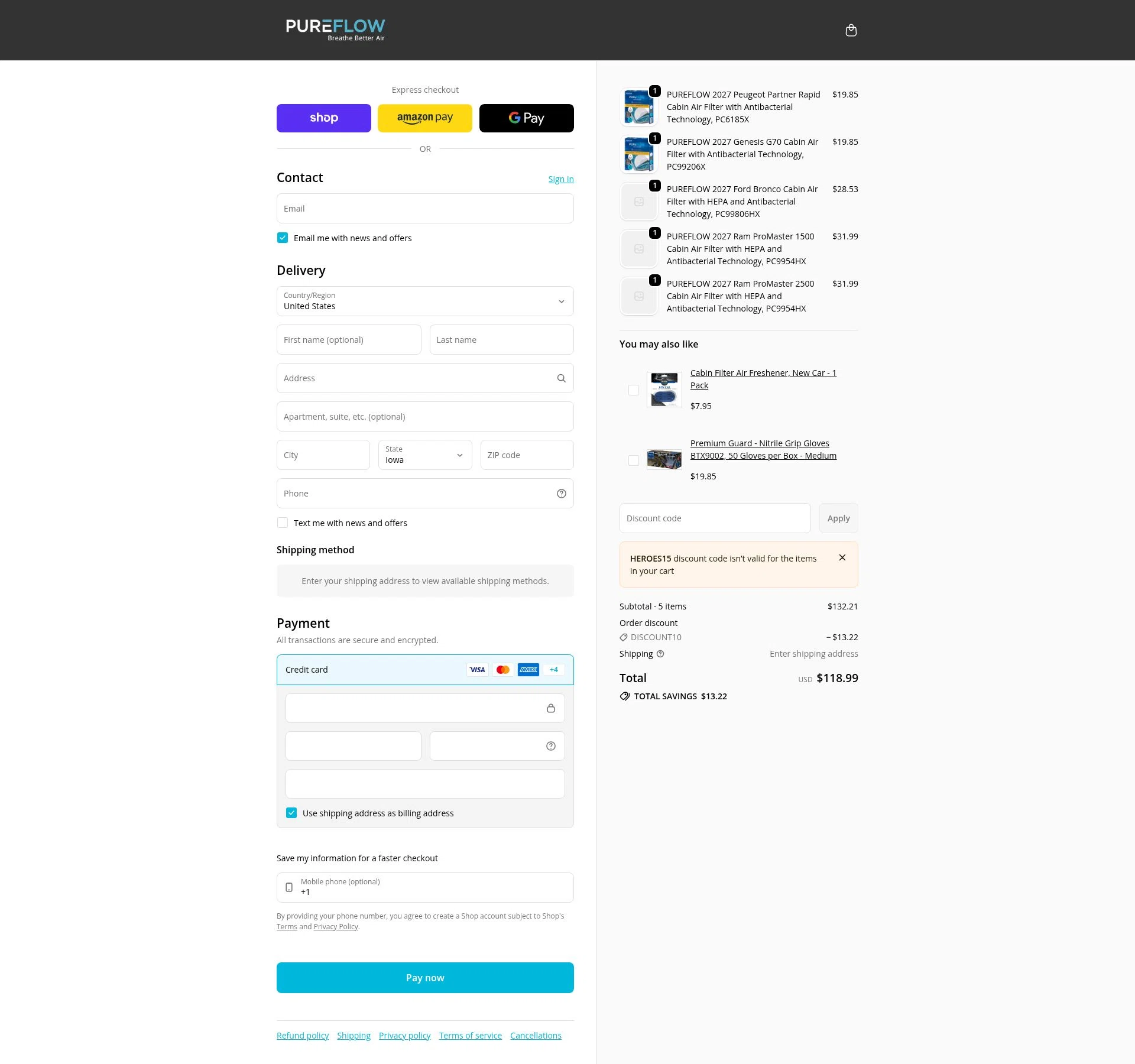 PUREFLOW AIR checkout page showing PUREFLOW AIR discount code box | Screenshot taken by SimplyCodes community member on Feb 4, 2026