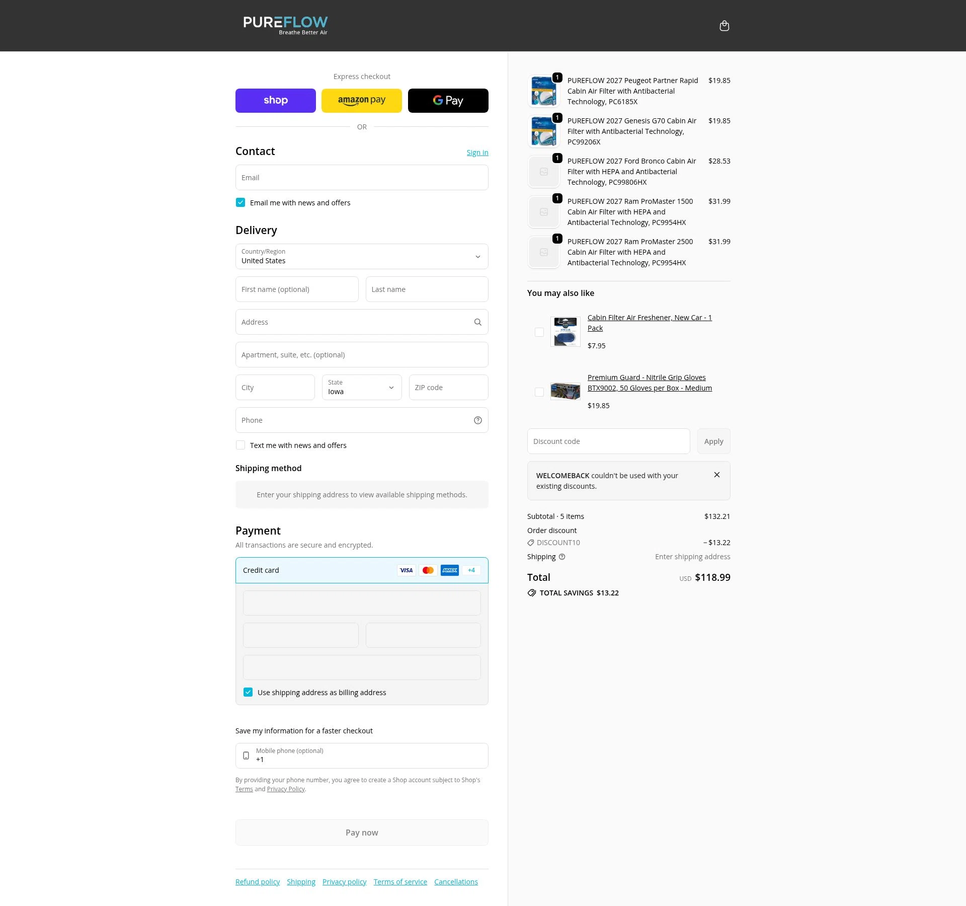 PUREFLOW AIR checkout page showing PUREFLOW AIR discount code box | Screenshot taken by SimplyCodes community member on Feb 4, 2026
