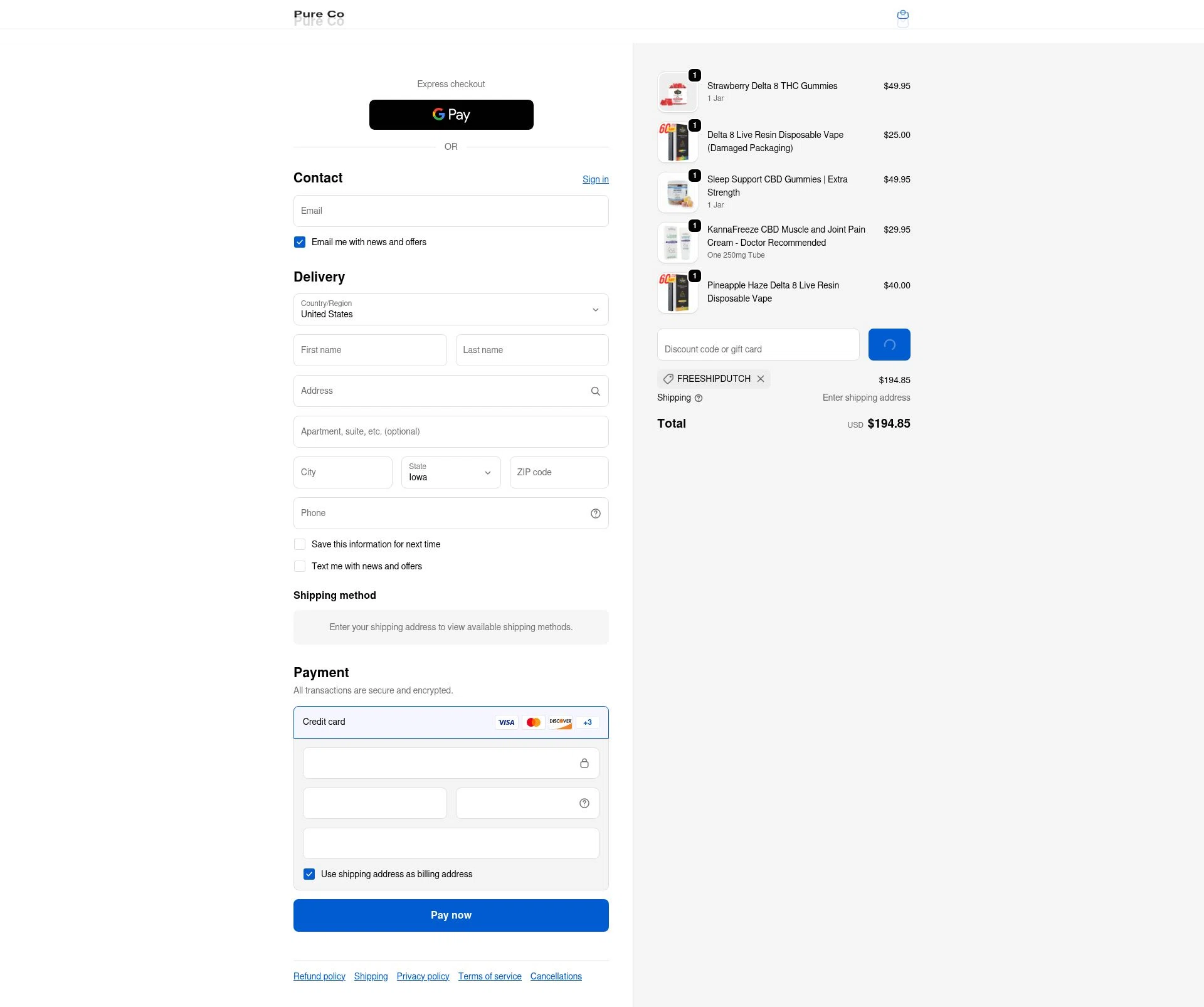 Pure Hemp checkout page showing Pure Hemp discount code box | Screenshot taken by SimplyCodes community member on Jan 11, 2026