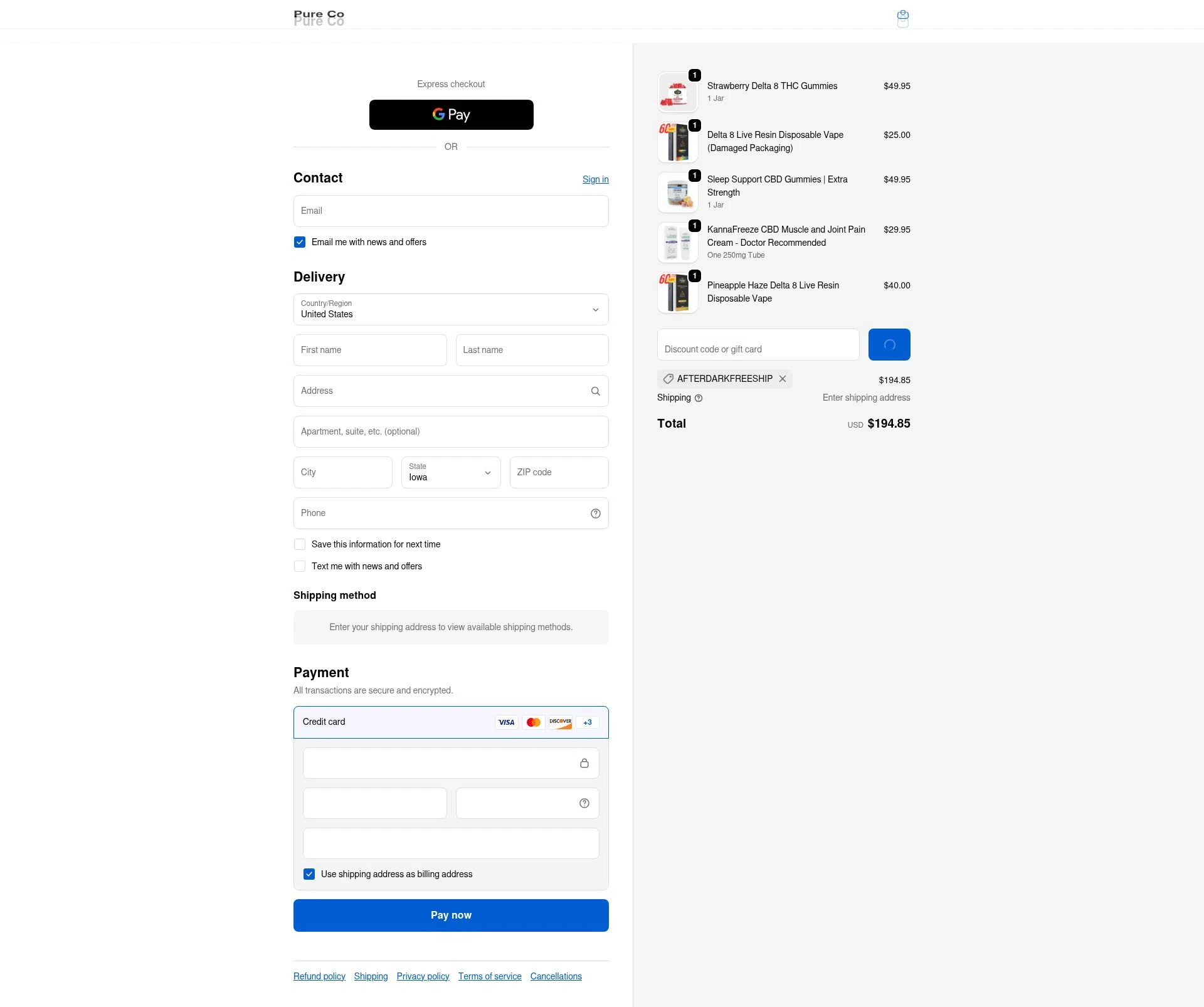 Pure Hemp checkout page showing Pure Hemp discount code box | Screenshot taken by SimplyCodes community member on Jan 11, 2026
